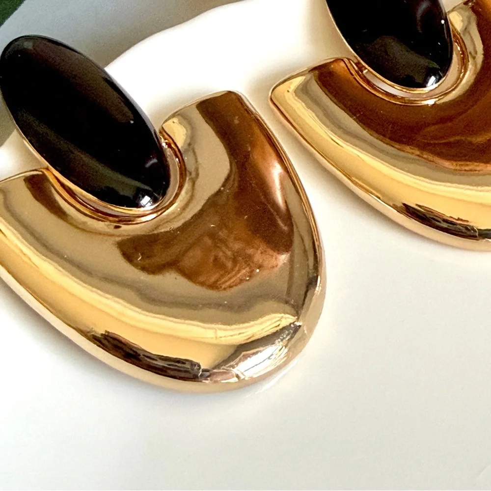 2/$30🌵 Vintage Style Gold Disc Black Earrings Arch 90’s Hoop Gift Jewelry NEW